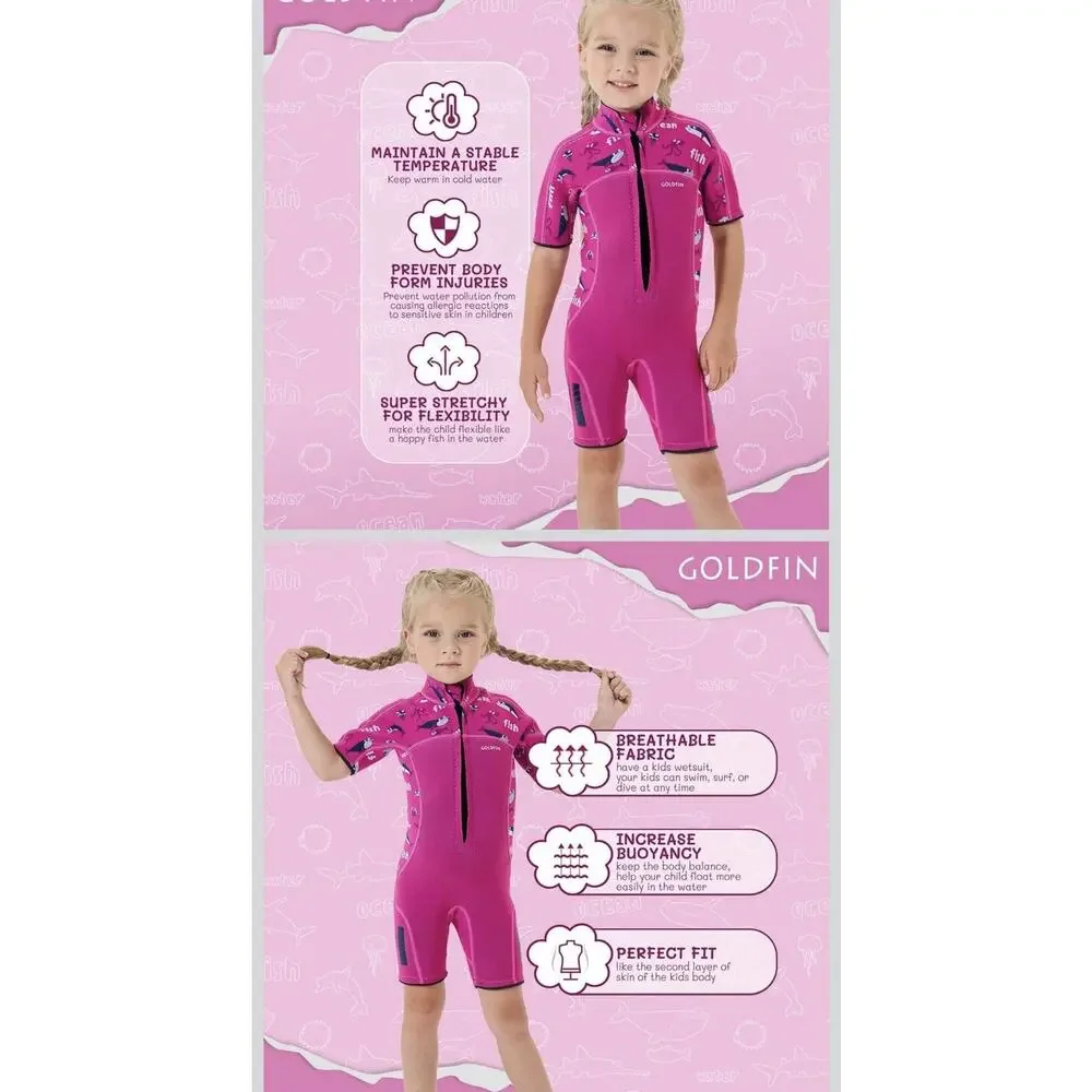 GoldFin Neoprene Shorty Wetsuit Hot Pink Sea Creatures Half Zip Girls 4 New
